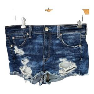 American Eagle Jean Shorts Women 10 Blue Hi-Rise Shortie Super Stretch Distress